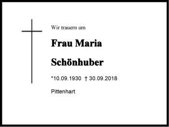 Traueranzeige von Maria Schönhuber von Region Chiemgau