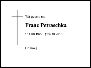 Traueranzeige von Franz Petraschka von Region Berchtesgadener Land