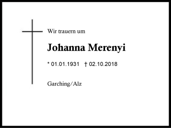 Traueranzeige von Johanna Merenyi von Region Berchtesgadener Land