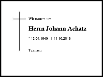 Traueranzeige von Johann Achatz von Region Berchtesgadener Land