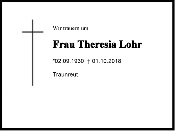 Traueranzeige von Theresia Lohr von Region Chiemgau