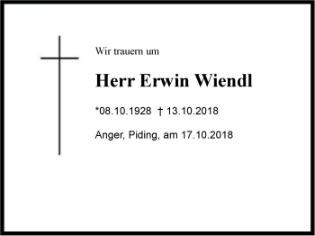 Traueranzeige von Erwin Wiendl von Region Berchtesgadener Land