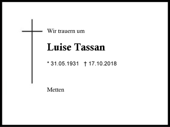 Traueranzeige von Luise Tassan von Region Berchtesgadener Land