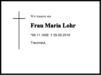 Traueranzeige von Maria Lohr von Region Chiemgau