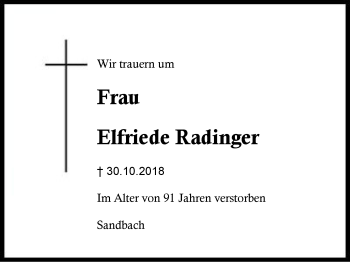 Traueranzeige von Elfriede Radinger von Region Berchtesgadener Land