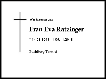 Traueranzeige von Eva Ratzinger von Region Berchtesgadener Land