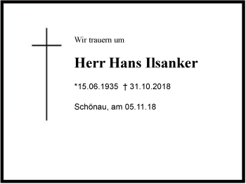 Traueranzeige von Hans  Ilsanker  von Region Berchtesgadener Land