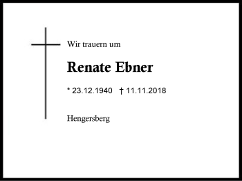 Traueranzeige von Renate Ebner von Region Berchtesgadener Land