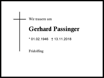 Traueranzeige von Gerhard Passinger von Region Berchtesgadener Land