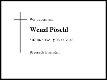 Traueranzeige von Wenzl Pöschl von Region Berchtesgadener Land