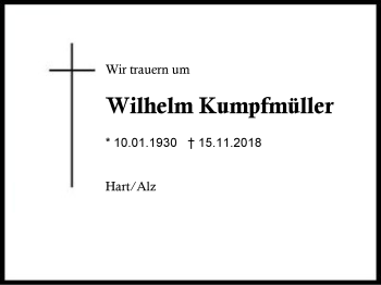 Traueranzeige von Wilhelm Kumpfmüller von Region Berchtesgadener Land