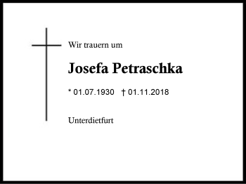 Traueranzeige von Josefa Petraschka von Region Berchtesgadener Land