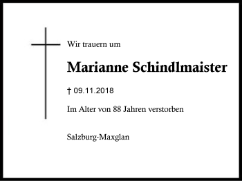 Traueranzeige von Marianne Schindlmaister von Region Berchtesgadener Land