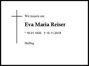 Traueranzeige von Eva Maria Reiser von Region Berchtesgadener Land