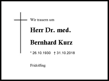 Traueranzeige von Bernhard Kurz von Region Berchtesgadener Land