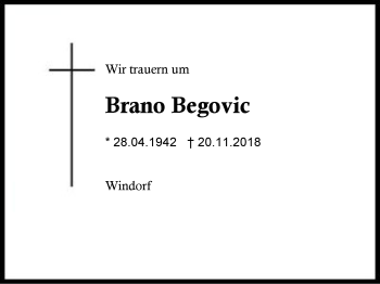 Traueranzeige von Brano Begovic von Region Berchtesgadener Land