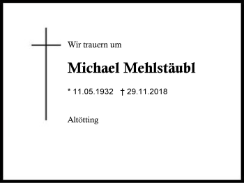 Traueranzeige von Michael Mehlstäubl von Region Berchtesgadener Land