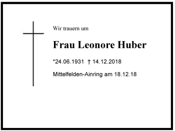 Traueranzeige von Leonore  Huber von Region Berchtesgadener Land