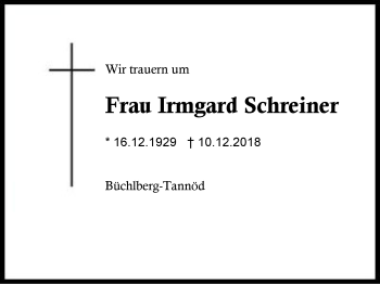 Traueranzeige von Irmgard Schreiner von Region Berchtesgadener Land