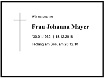 Traueranzeige von Johanna  Mayer von Region Chiemgau