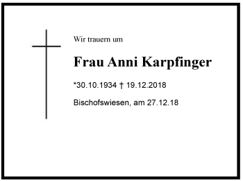 Traueranzeige von Anni Karpfinger von Region Berchtesgadener Land