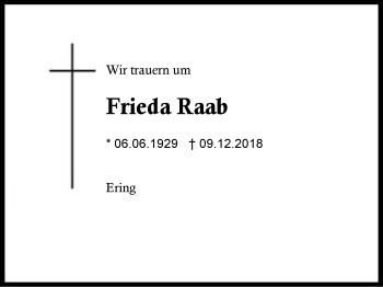 Traueranzeige von Frieda Raab von Region Berchtesgadener Land