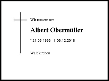 Traueranzeige von Albert Obermüller von Region Berchtesgadener Land