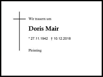 Traueranzeige von Doris Mair von Region Berchtesgadener Land