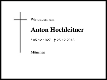 Traueranzeige von Anton Hochleitner von Region Berchtesgadener Land