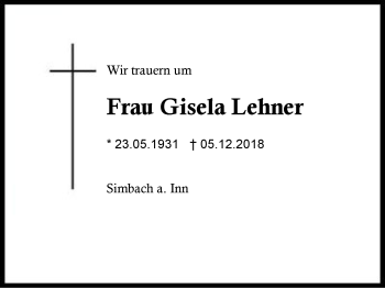 Traueranzeige von Gisela Lehner von Region Berchtesgadener Land