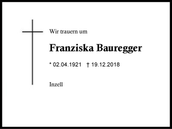 Traueranzeige von Franziska Bauregger von Region Berchtesgadener Land