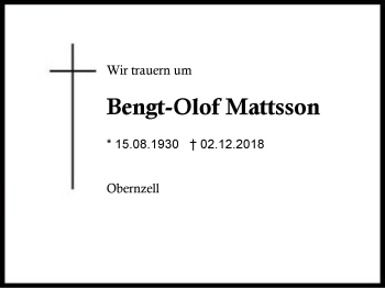 Traueranzeige von Bengt-Olof Mattsson von Region Berchtesgadener Land