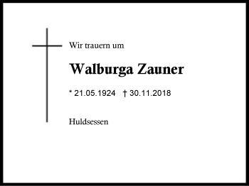 Traueranzeige von Walburga Zauner von Region Berchtesgadener Land