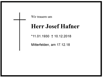 Traueranzeige von Josef Hafner von Region Berchtesgadener Land