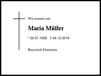 Traueranzeige von Maria Müller von Region Berchtesgadener Land