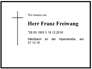 Traueranzeige von Franz  Freiwang von Region Berchtesgadener Land