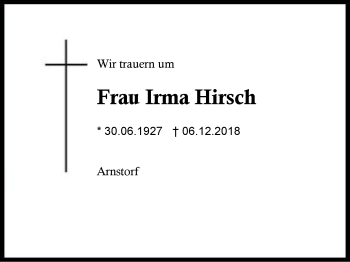 Traueranzeige von Irma Hirsch von Region Berchtesgadener Land