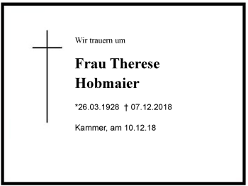 Traueranzeige von Therese Hobmaier von Region Chiemgau