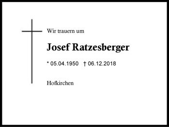 Traueranzeige von Josef Ratzesberger von Region Berchtesgadener Land