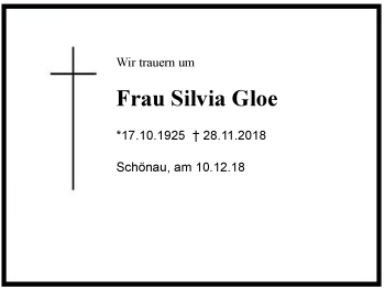 Traueranzeige von Silvia  Gloe von Region Berchtesgadener Land