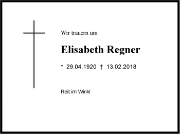 Traueranzeige von Elisabeth  Regner von Region Chiemgau