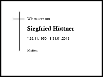 Traueranzeige von Siegfried Hüttner von Region Berchtesgadener Land