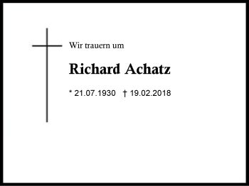 Traueranzeige von Richard Achatz von Region Berchtesgadener Land