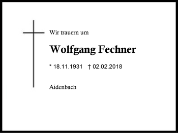 Traueranzeige von Wolfgang Fechner von Region Berchtesgadener Land