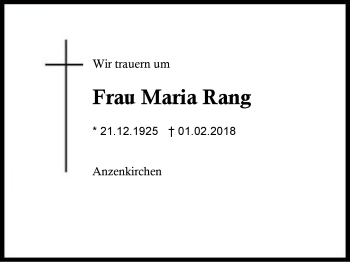 Traueranzeige von Maria Rang von Region Berchtesgadener Land