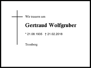 Traueranzeige von Gertraud Wolfgruber von Region Berchtesgadener Land