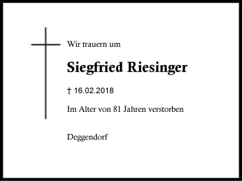 Traueranzeige von Siegfried Riesinger von Region Berchtesgadener Land