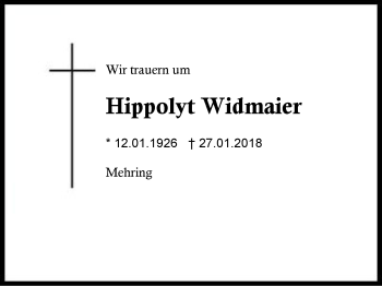 Traueranzeige von Hippolyt Widmaier von Region Berchtesgadener Land