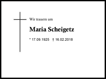 Traueranzeige von Maria Scheigetz von Region Berchtesgadener Land