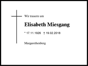 Traueranzeige von Elisabeth Miesgang von Region Berchtesgadener Land